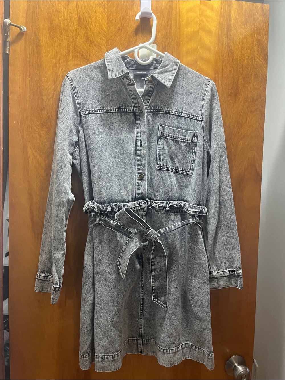 Who What Wear Washed Grey Denim Shirt Dress with Tie Waist